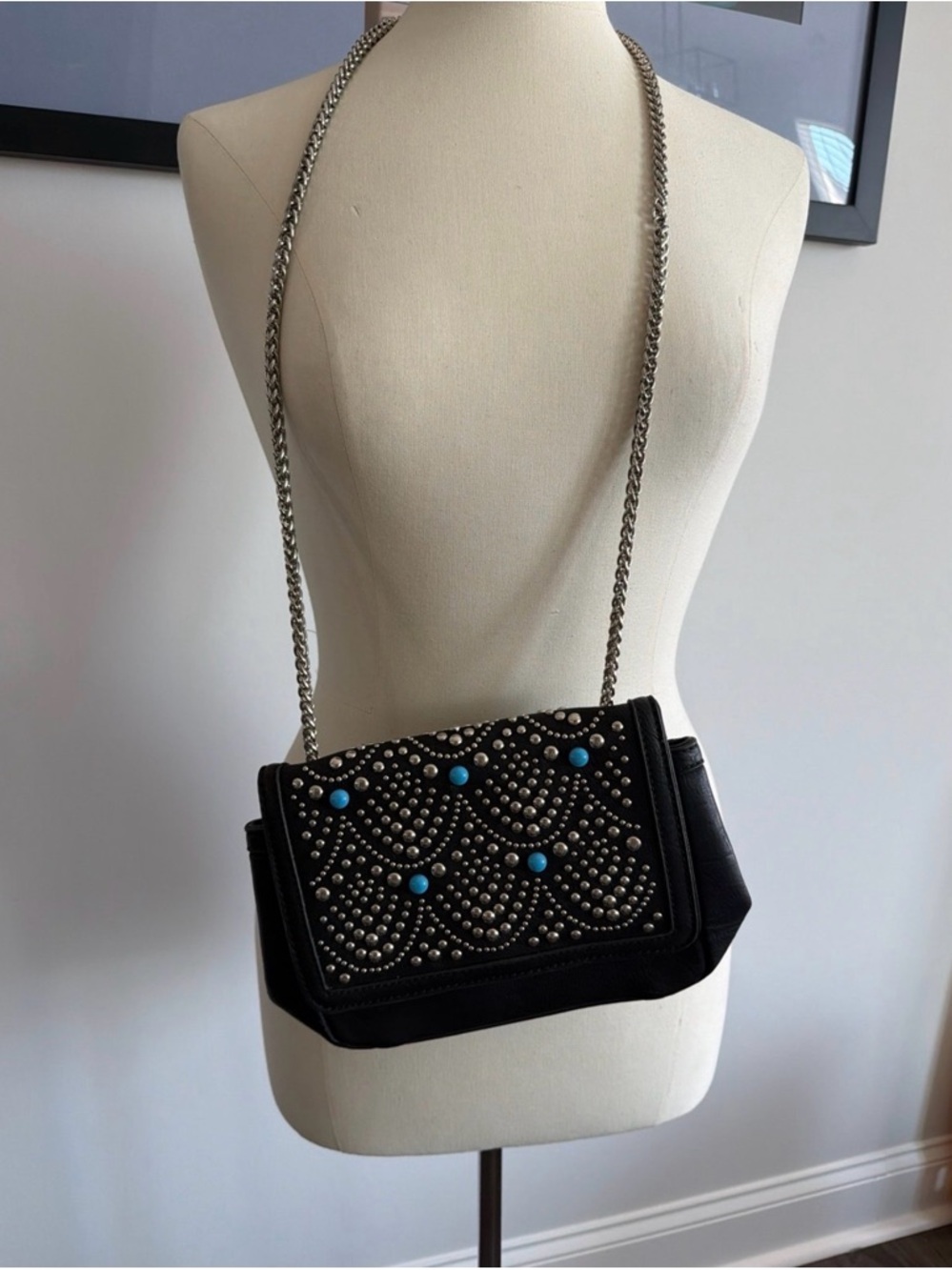 Charming Charlie Black Crossbody with Turquoise Stud Accents Chain Purse Leather